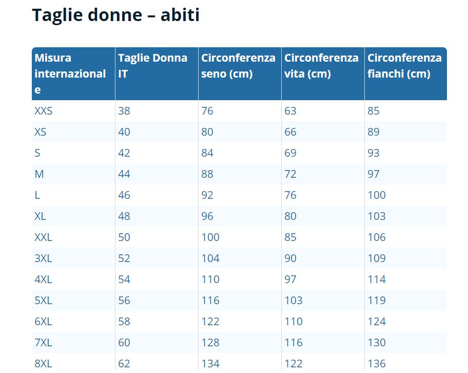 taglie donna vanilla zetex